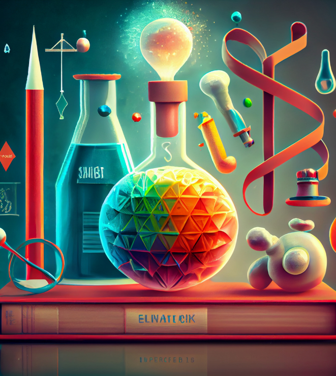 Colorful chemistry still life: geometric glass sphere, flasks, tubes, and a spiraling ribbon on a lab bench.