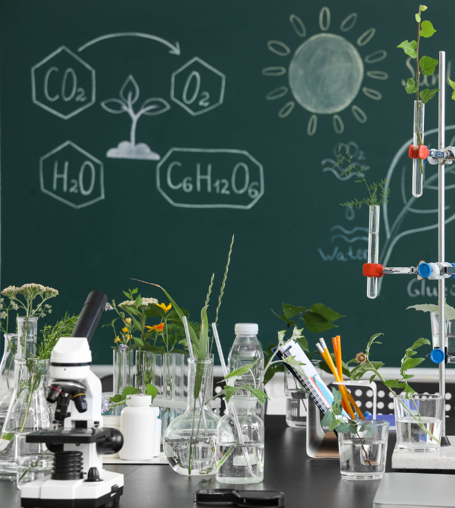 Lab bench with glassware and a microscope, plants growing in flasks, chalkboard with chemical symbols and a sun drawing in the background.